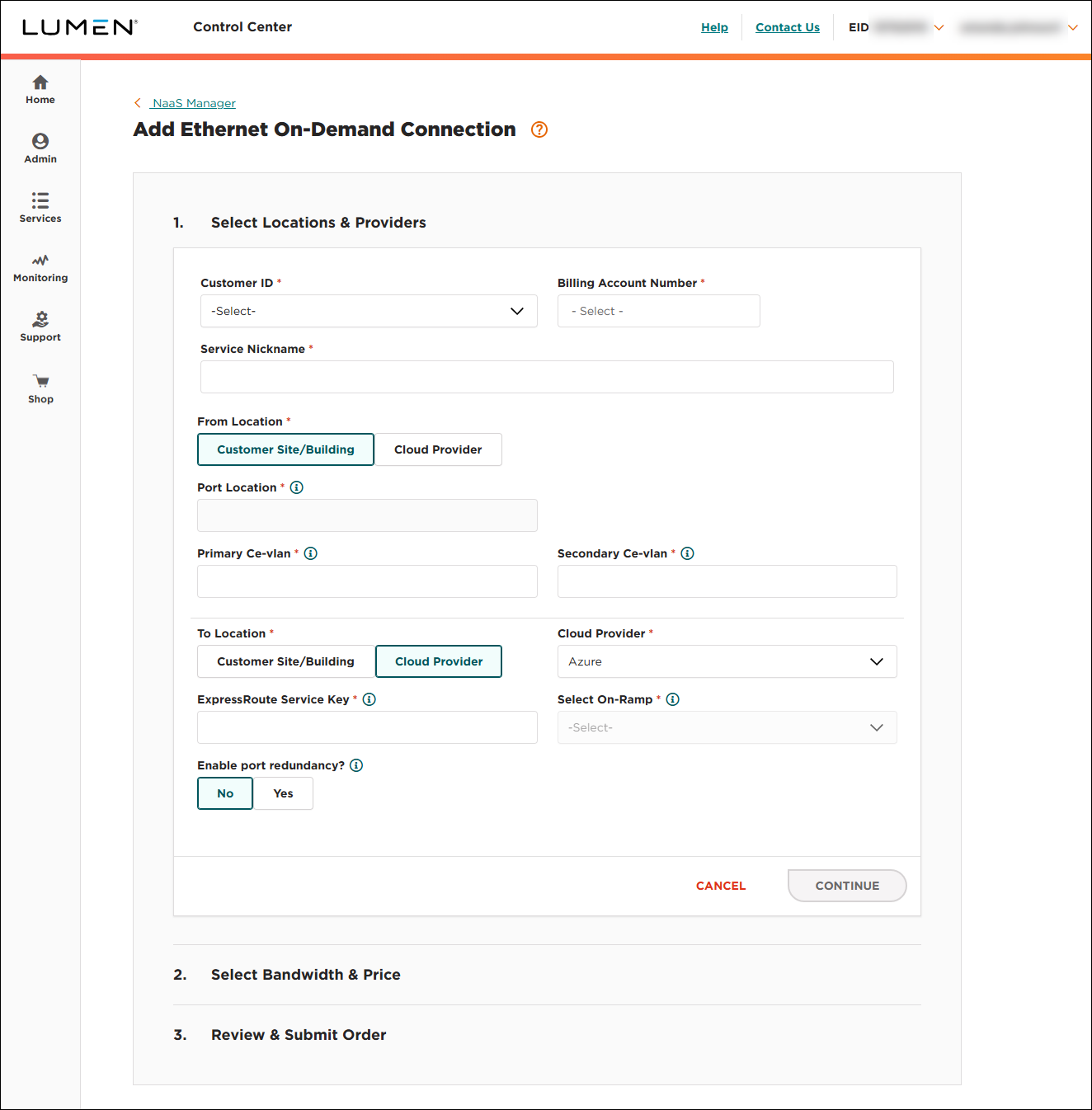 NaaS Ethernet On-Demand connection from your location to Azure