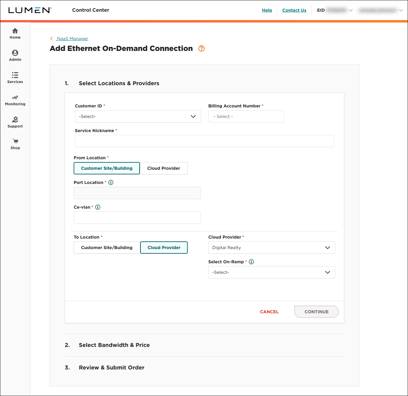 NaaS Ethernet On-Demand connection from your location to Digital Realty