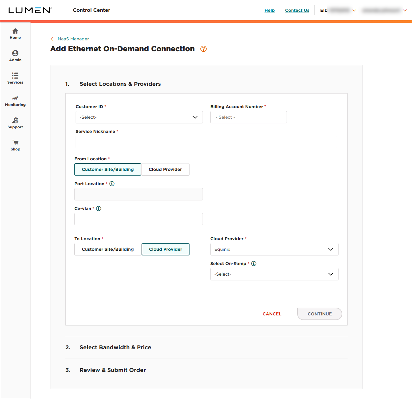 NaaS Ethernet On-Demand connection from your location to Equinix