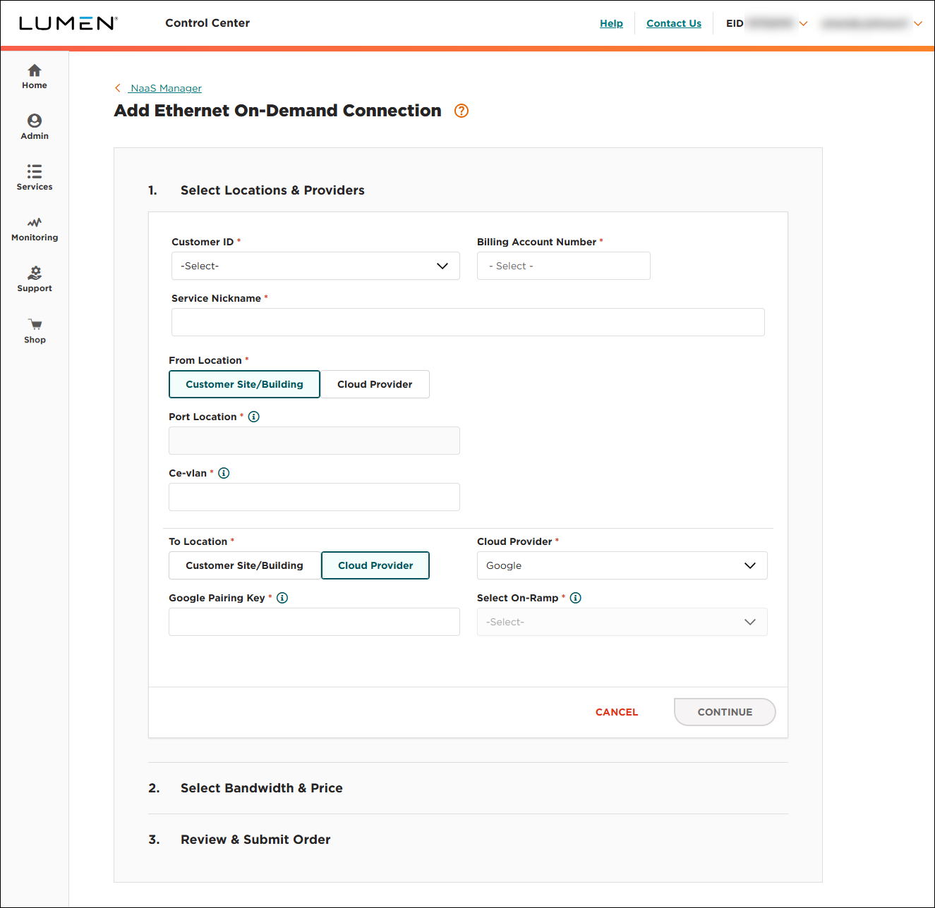 NaaS Ethernet On-Demand connection from your location to Google