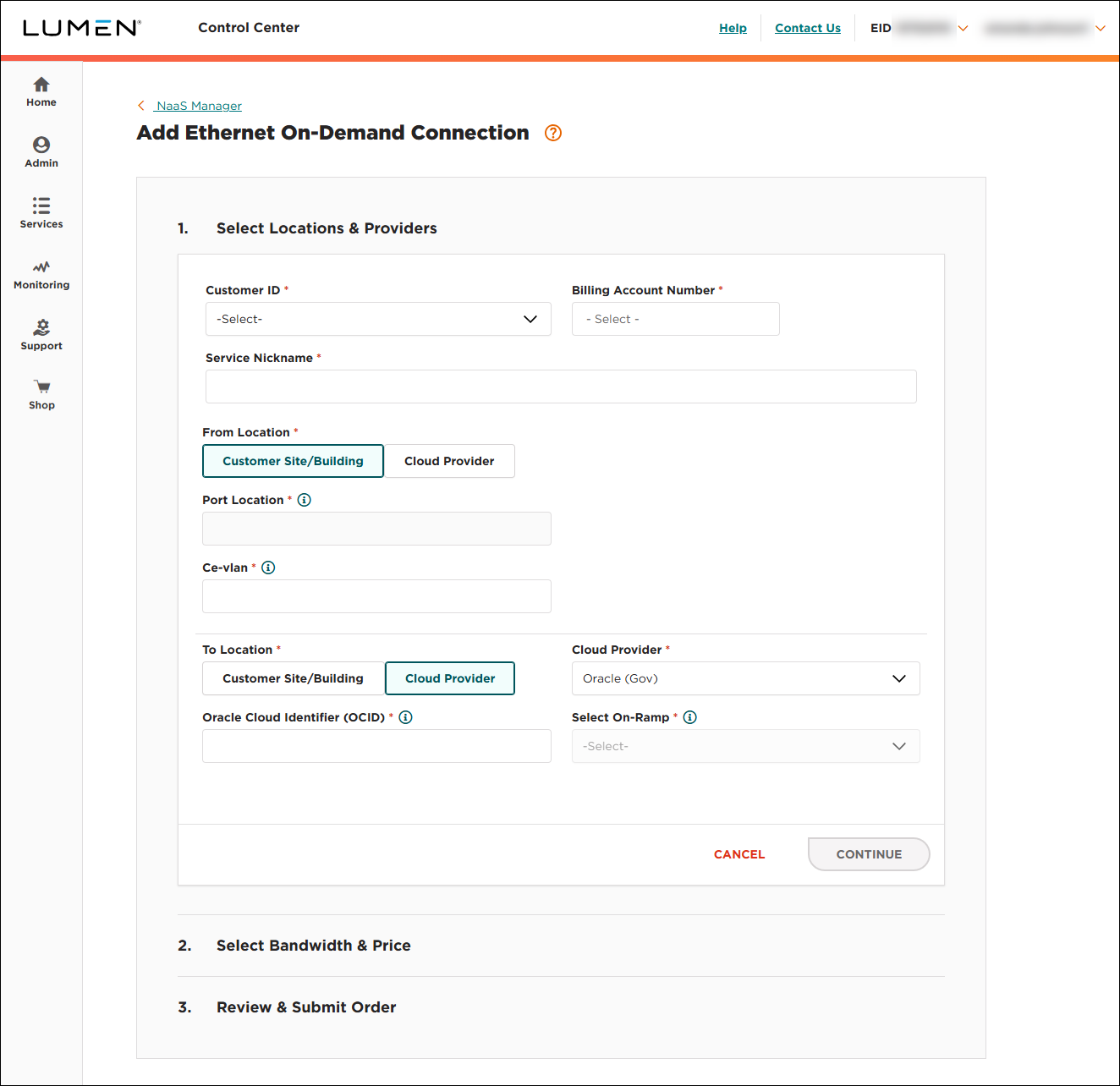 NaaS Ethernet On-Demand connection from your location to Oracle Gov