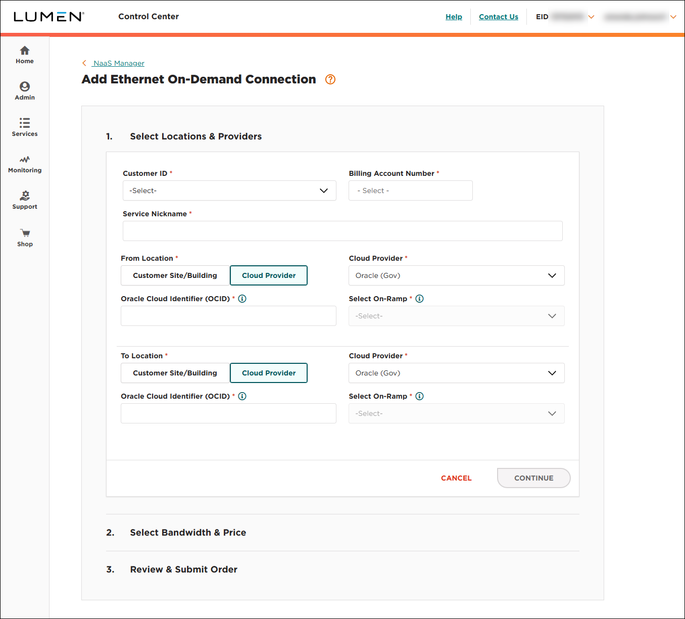 NaaS Ethernet On-Demand connection between two Oracle Gov locations