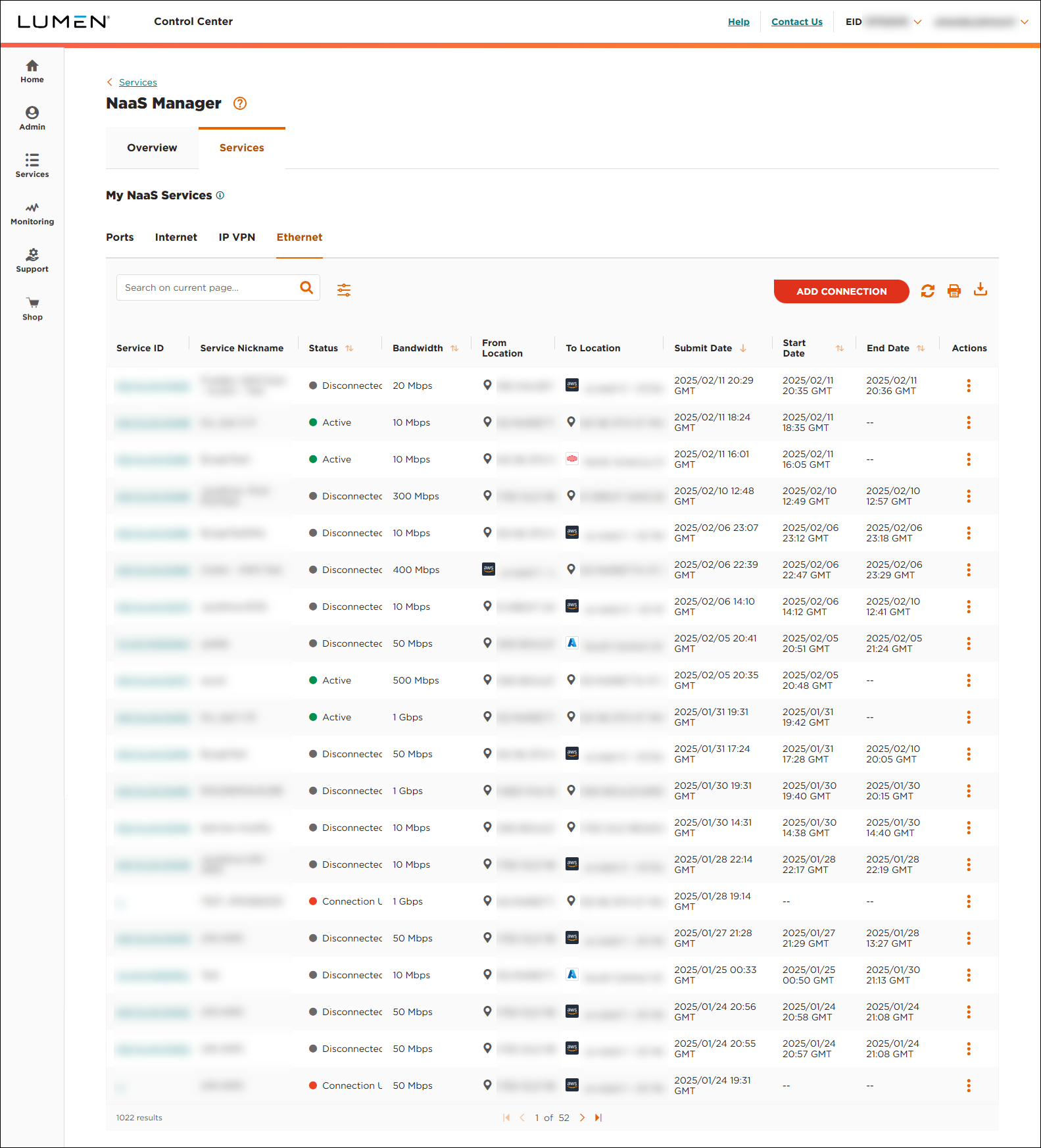 Ethernet On-Demand Service Ethernet tab