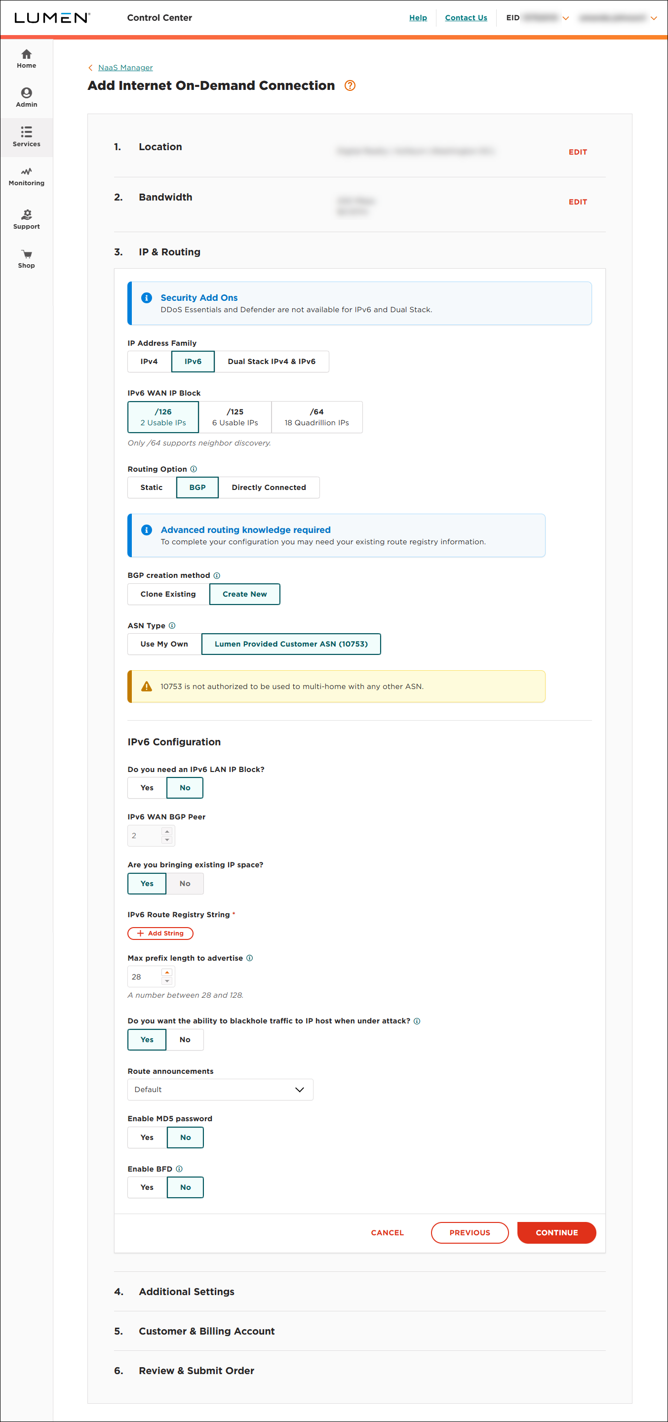 NaaS Internet On-Demand IPv6 and BGP routing