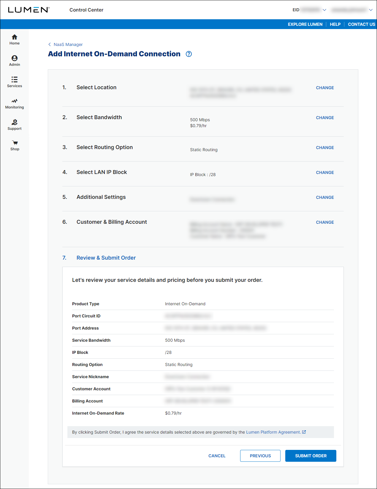 NaaS Internet On-Demand customer site/building review order