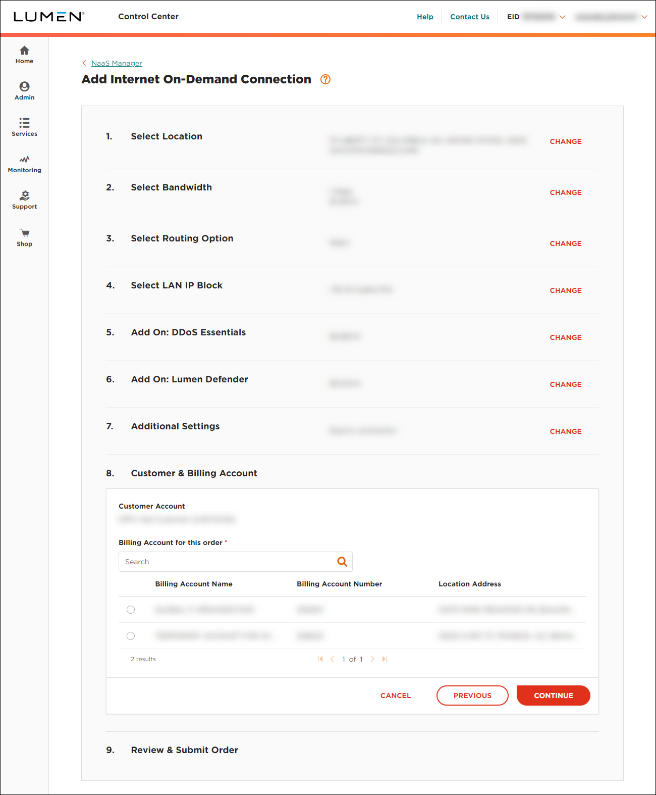 NaaS Internet On-Demand data center billing account