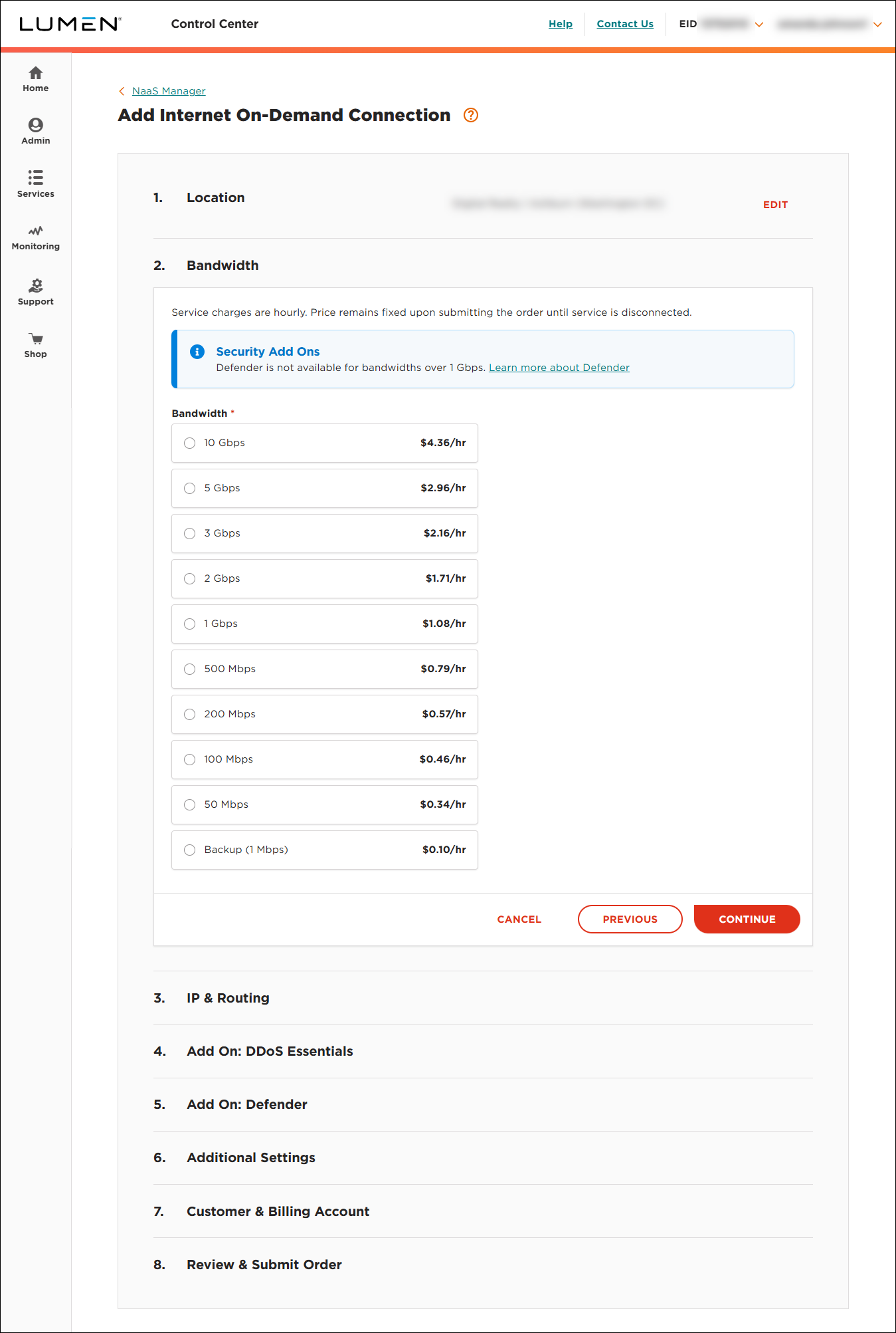 NaaS Internet On-Demand data center select bandwidth