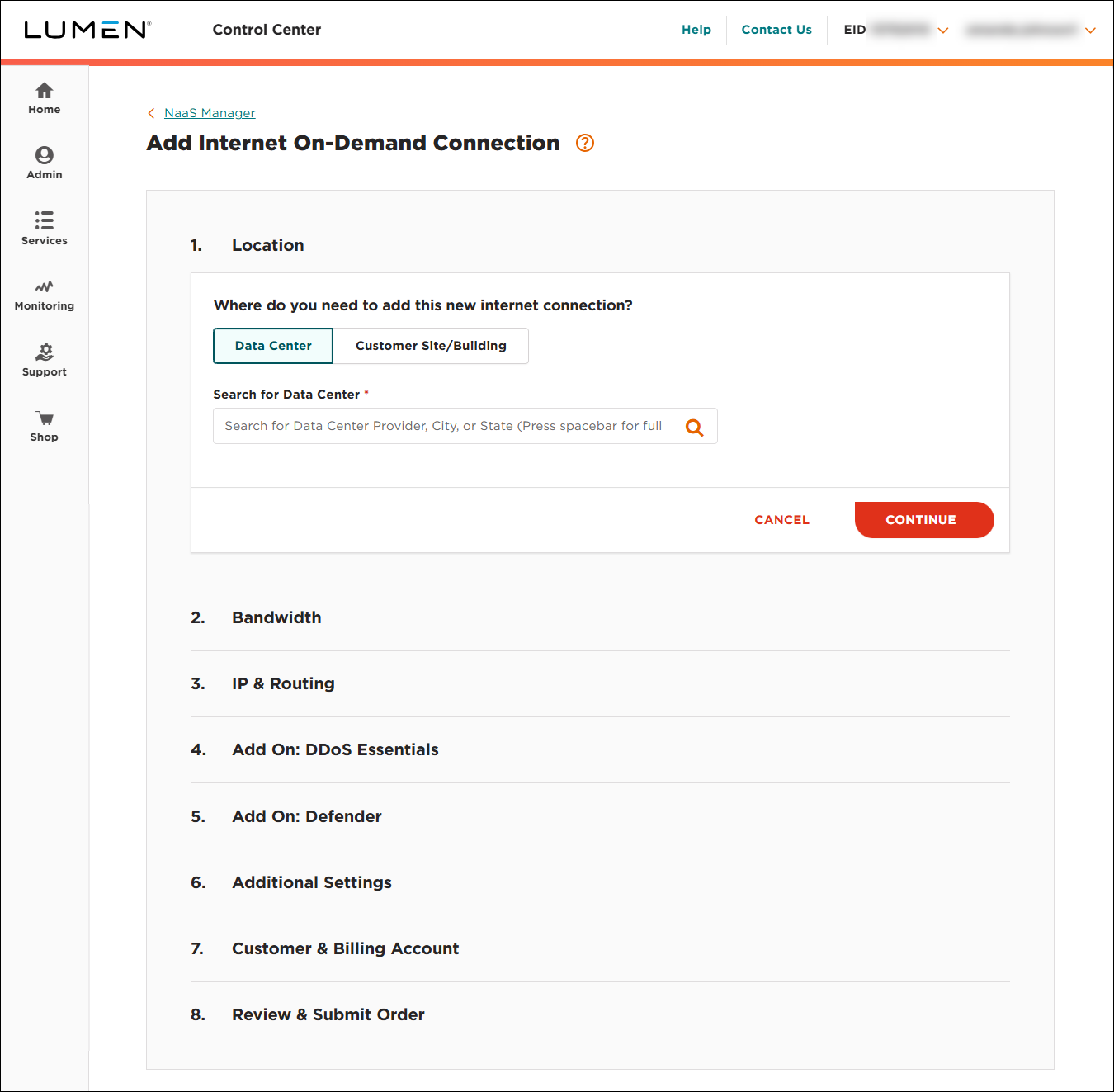 NaaS Internet On-Demand data center select location