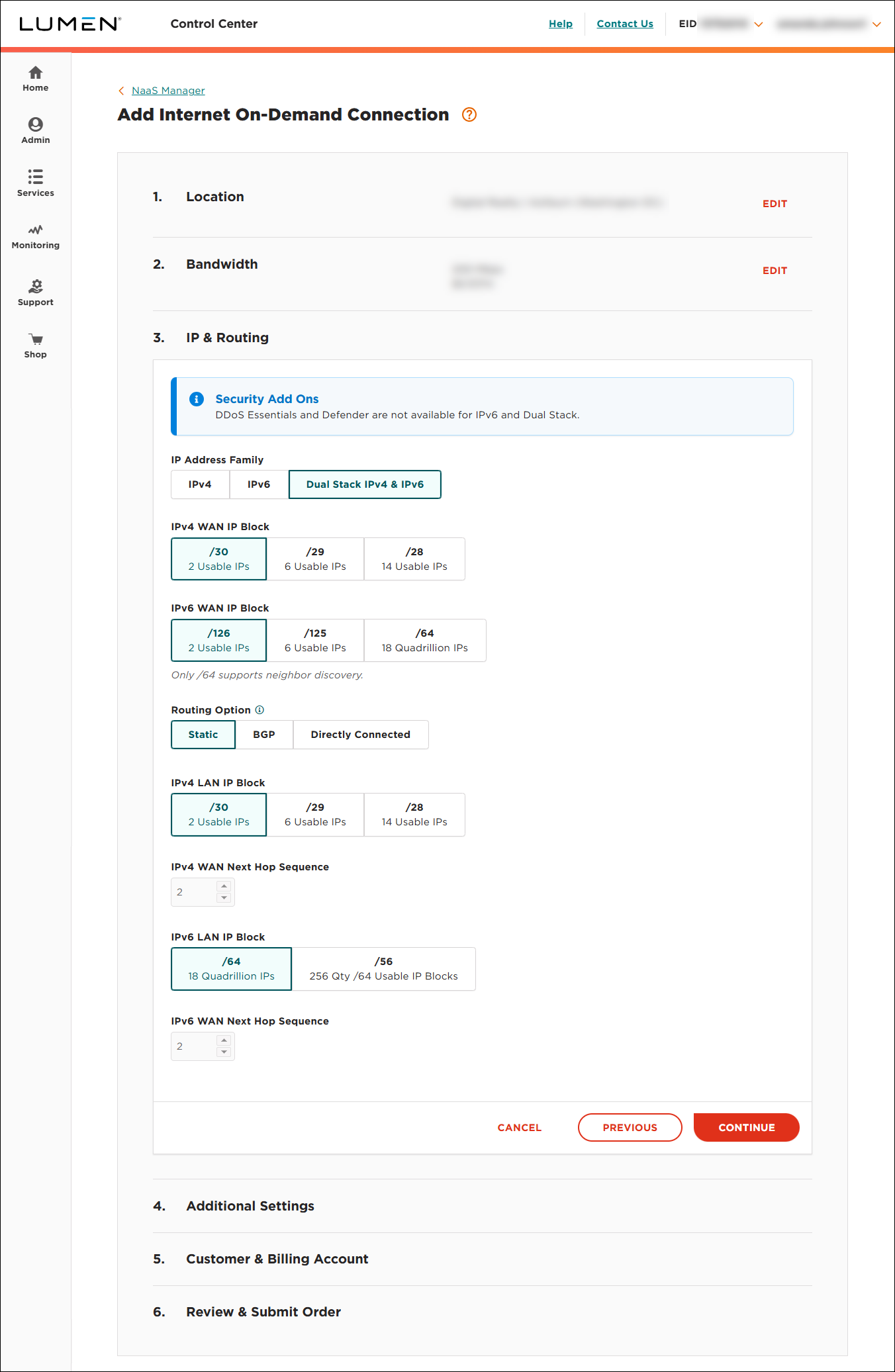NaaS Internet On-Demand dual stack and static routing
