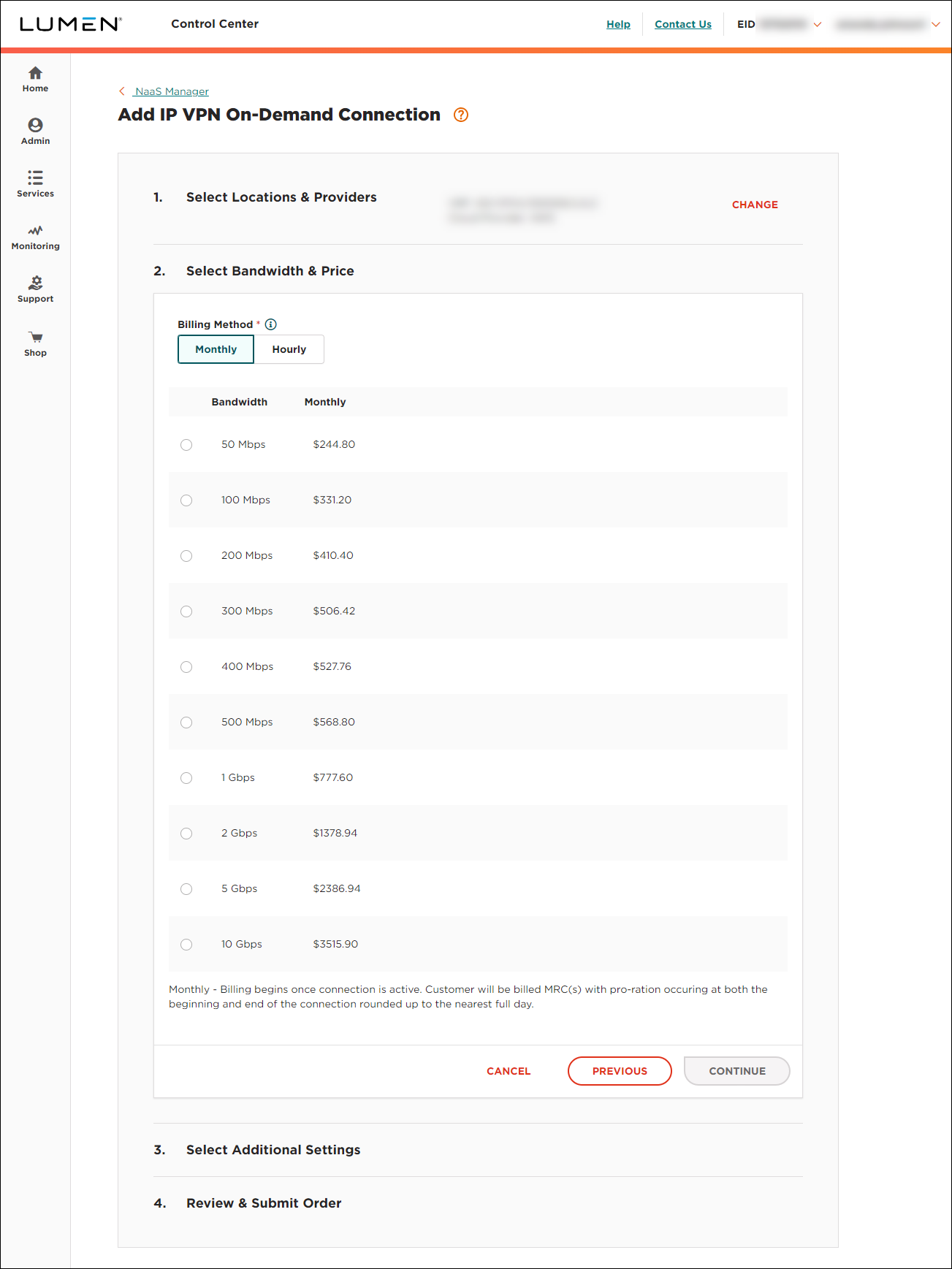 IP VPN On-Demand bandwidth and price