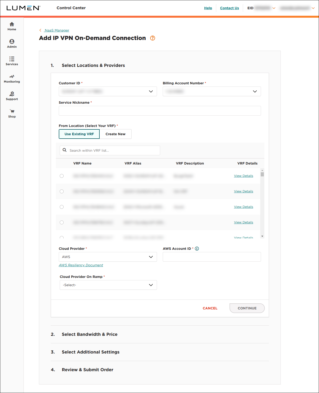 NaaS Manager Services tab