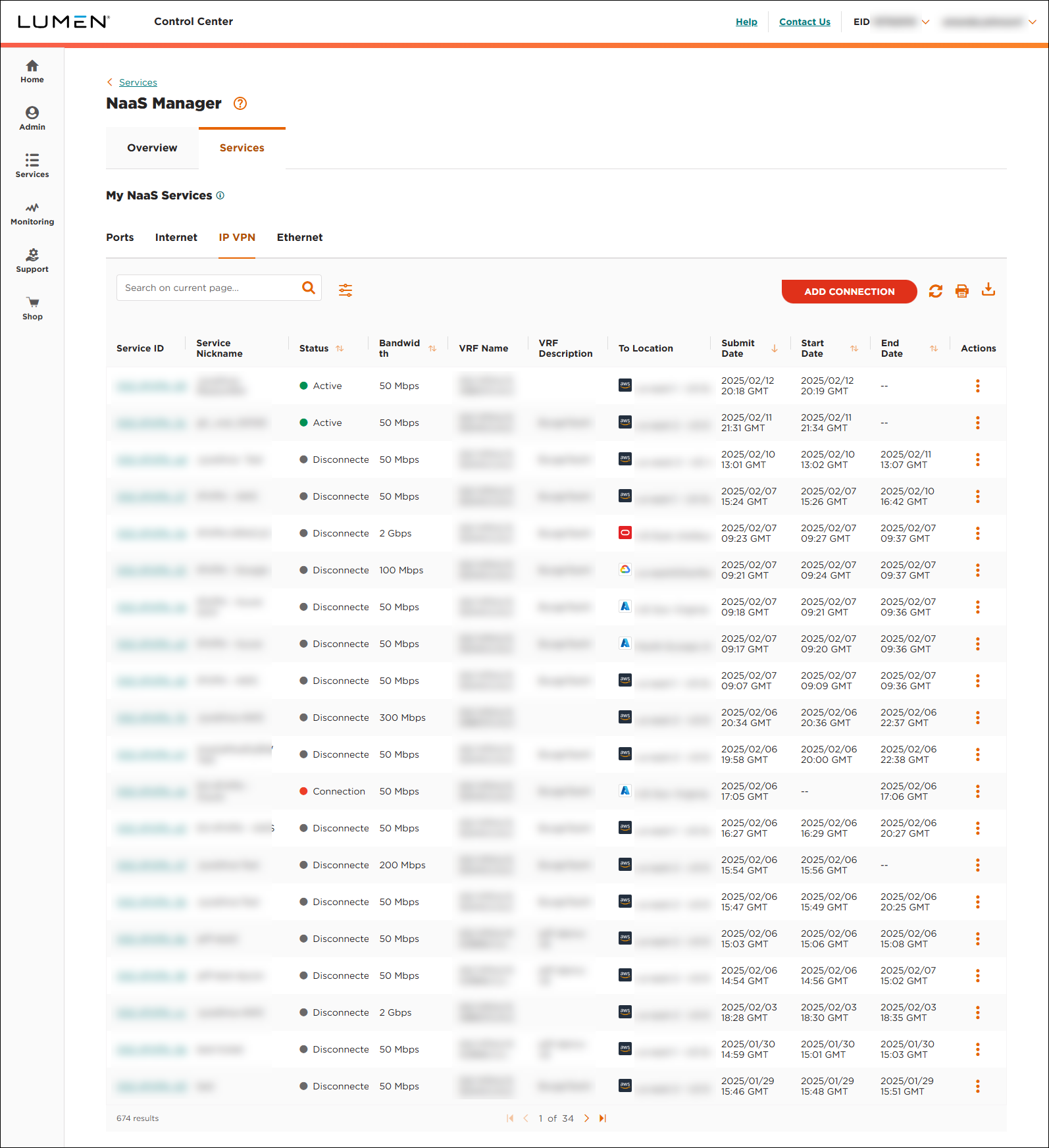 IP VPN On-Demand Service IP VPN tab