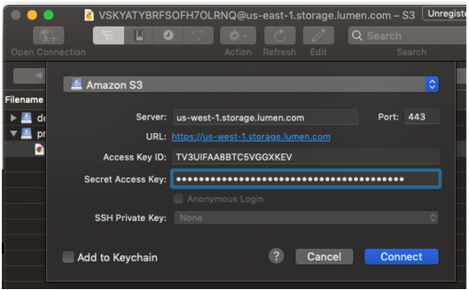 Cyberduck (showing Amazon S3 connection information)
