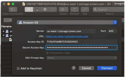 Screen showing fields for Access Key ID and Secret Access Key