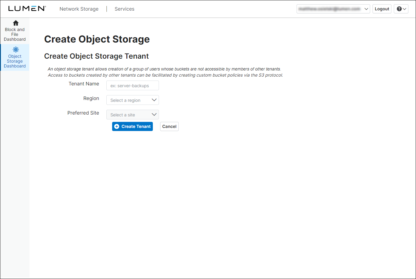 Create Object Storage Tenant