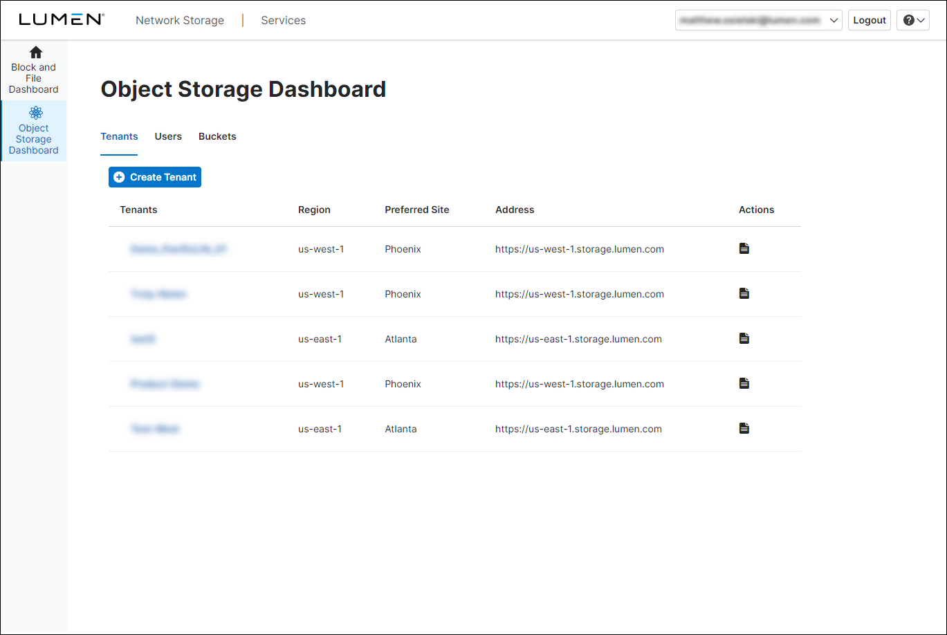Object Storage dashboard (showing Tenants tab)