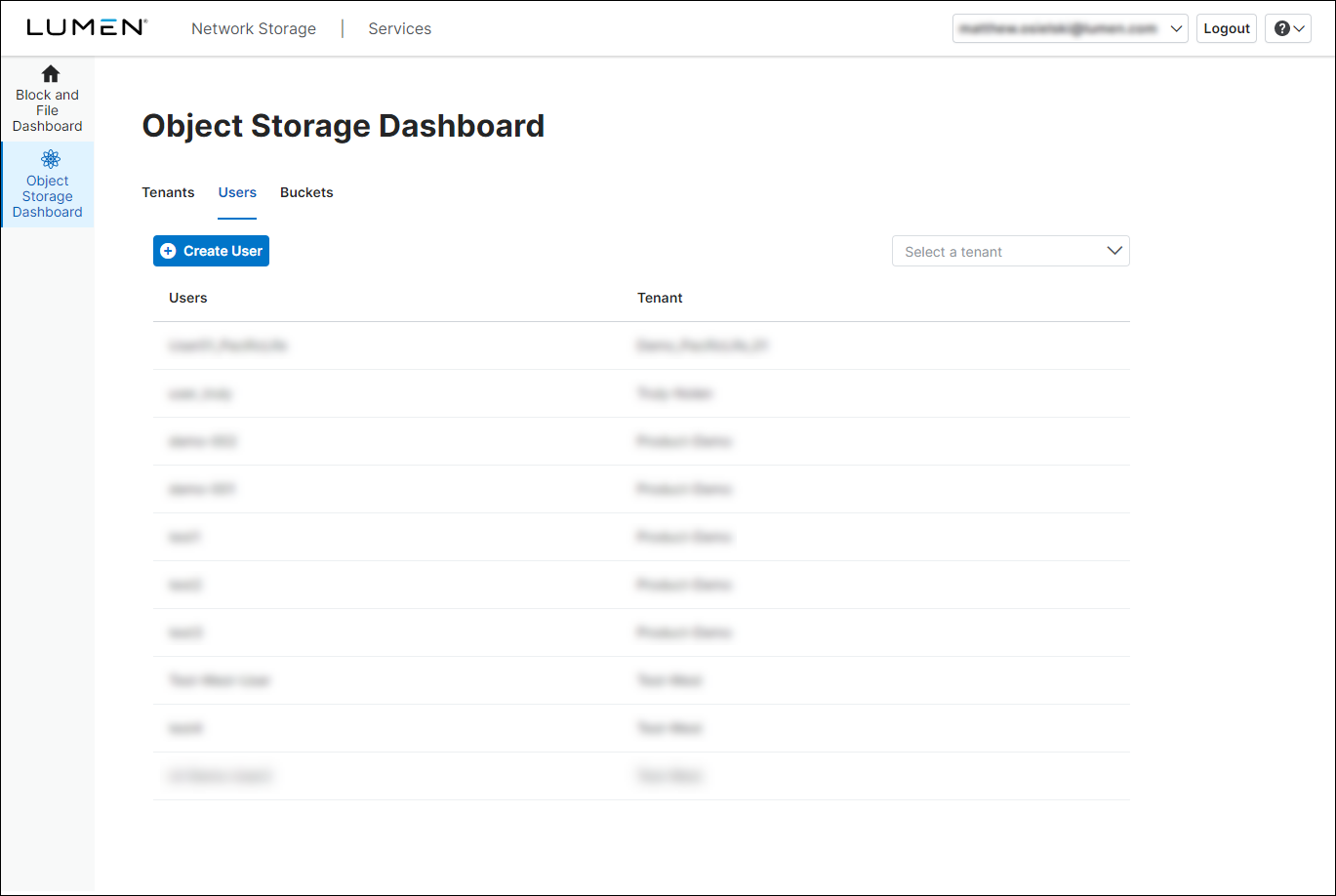 Object Storage dashboard (showing Users tab)