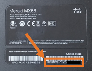 Meraki MX68 showing serial number