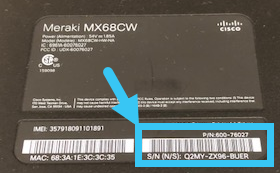 Meraki MX68CW showing serial number