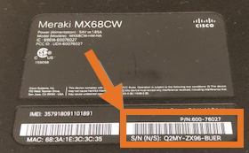 Meraki MX68CW showing serial number