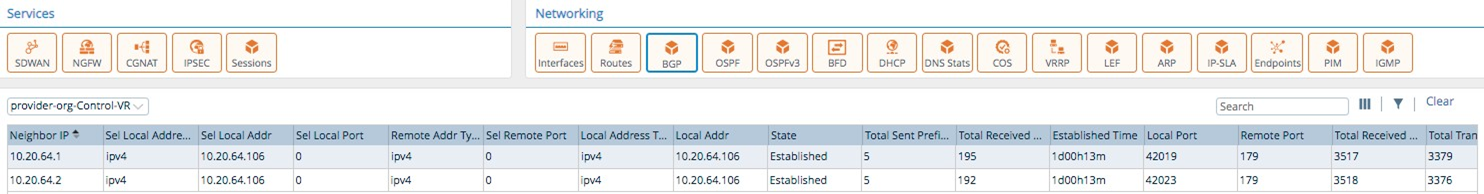 Monitor tab (showing BGP tab for an appliance)