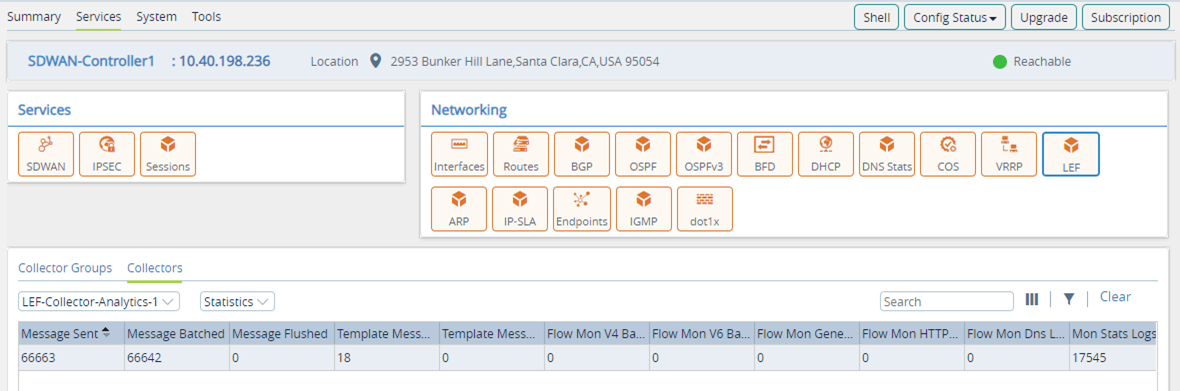 Monitor tab (showing LEF Collectors statistics for an appliance)