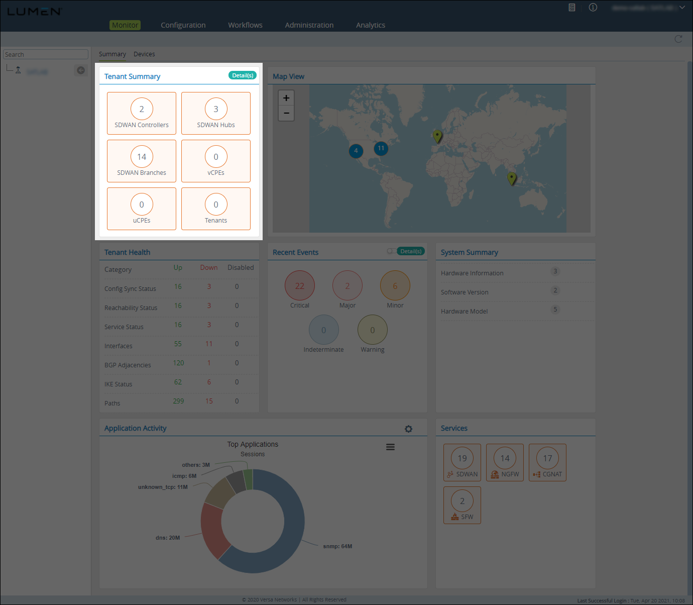 Monitor tab (showing Tenant Summary tile)