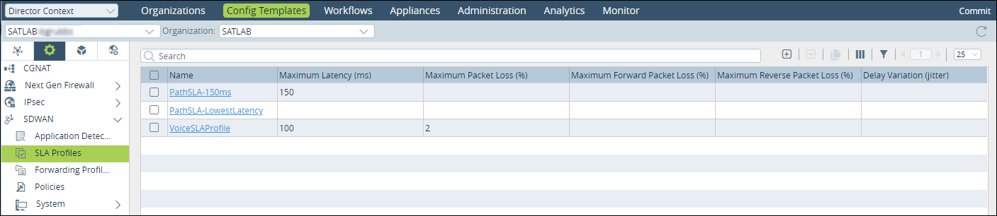 voice traffic use case config templates tab sla profiles left nav