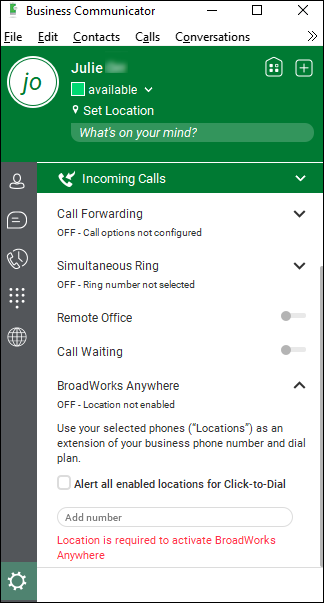Incoming Calls > BroadWorks Anywhere (location needed)