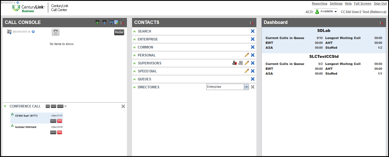 contact center call console conference call panel showing details