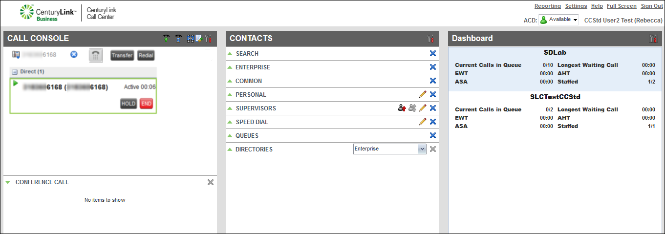 Contact Center Client (showing Call Console pane with active call)