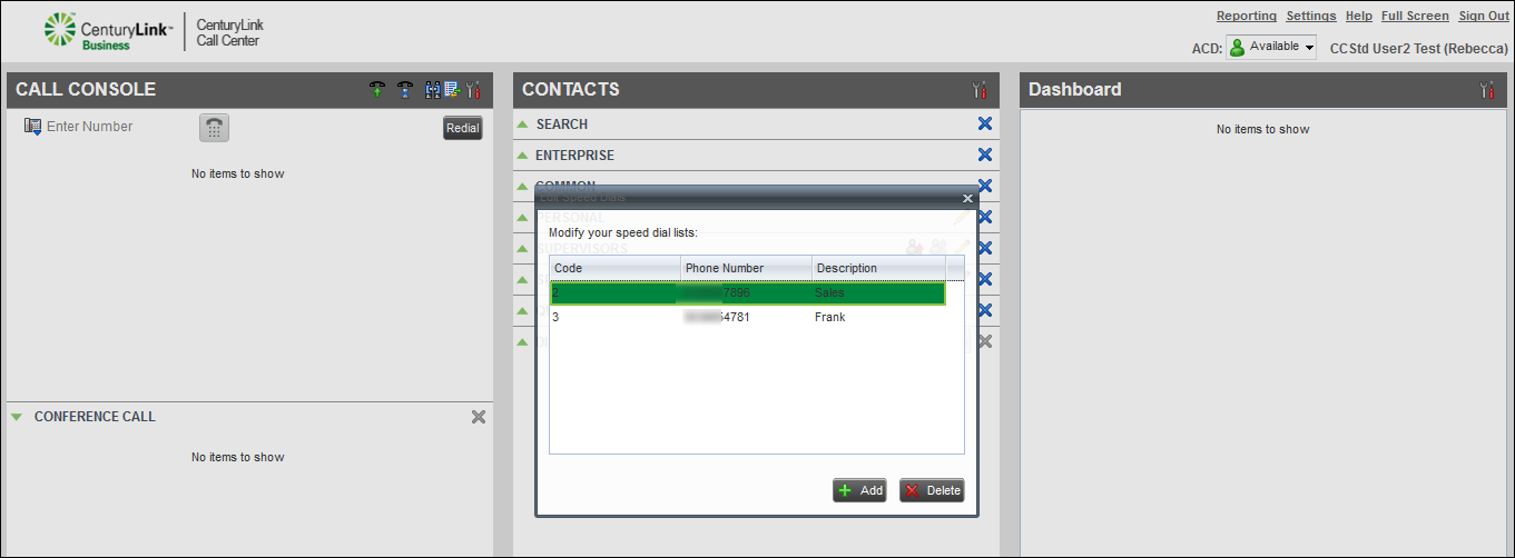contacts pane speed dial highlighting record
