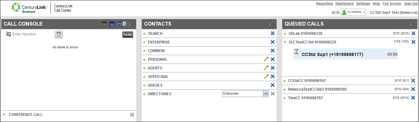 Contact Center Supervisor Client (showing Queued Calls pane with active calls for a queue)
