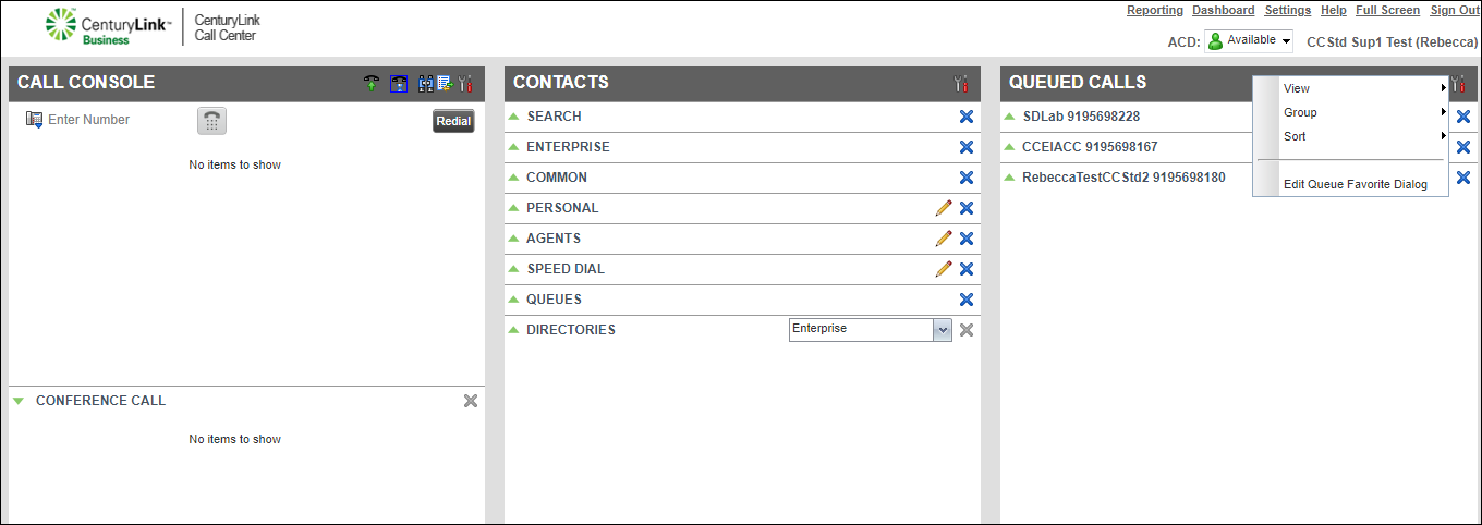 Contact Center Client (showing options for Queued Calls pane)