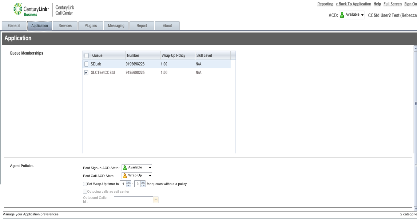 Contact Center Client settings (showing Applications tab)