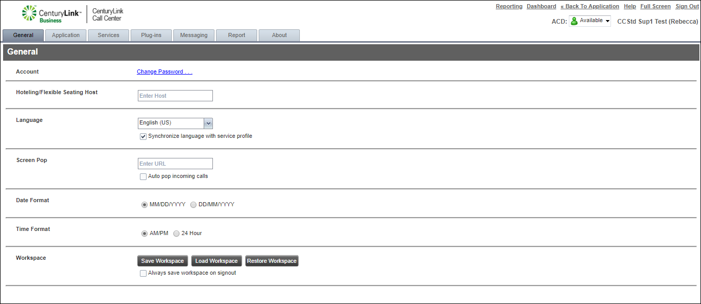 Contact Center Client settings (showing General tab)