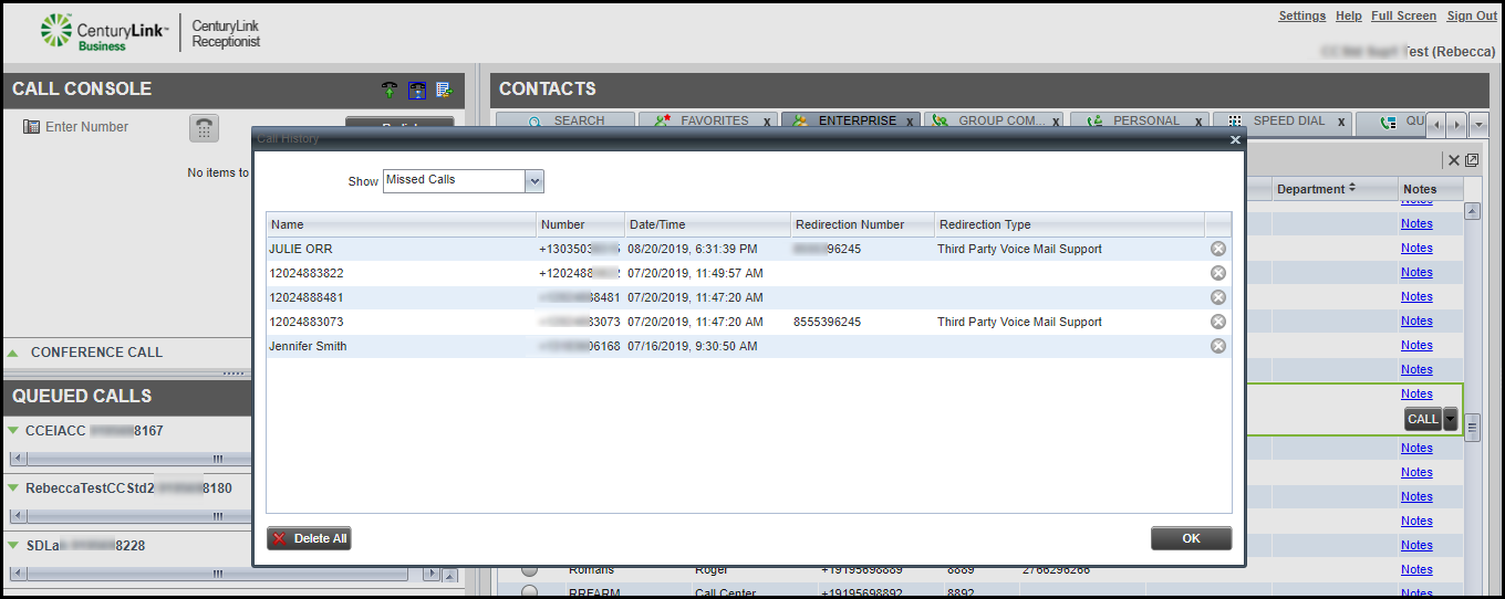 receptionist console call console call history