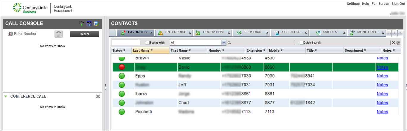Contacts Pane (showing Favorites tab)