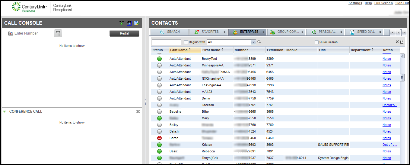 voip receptionist console contacts pane showing notes