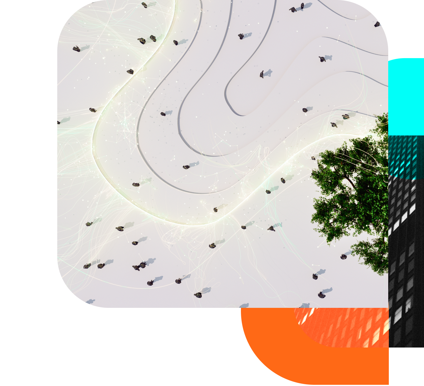 An aerial view of many people standing alone or in pairs. Curved, glowing lines around them indicate networks and connections.  