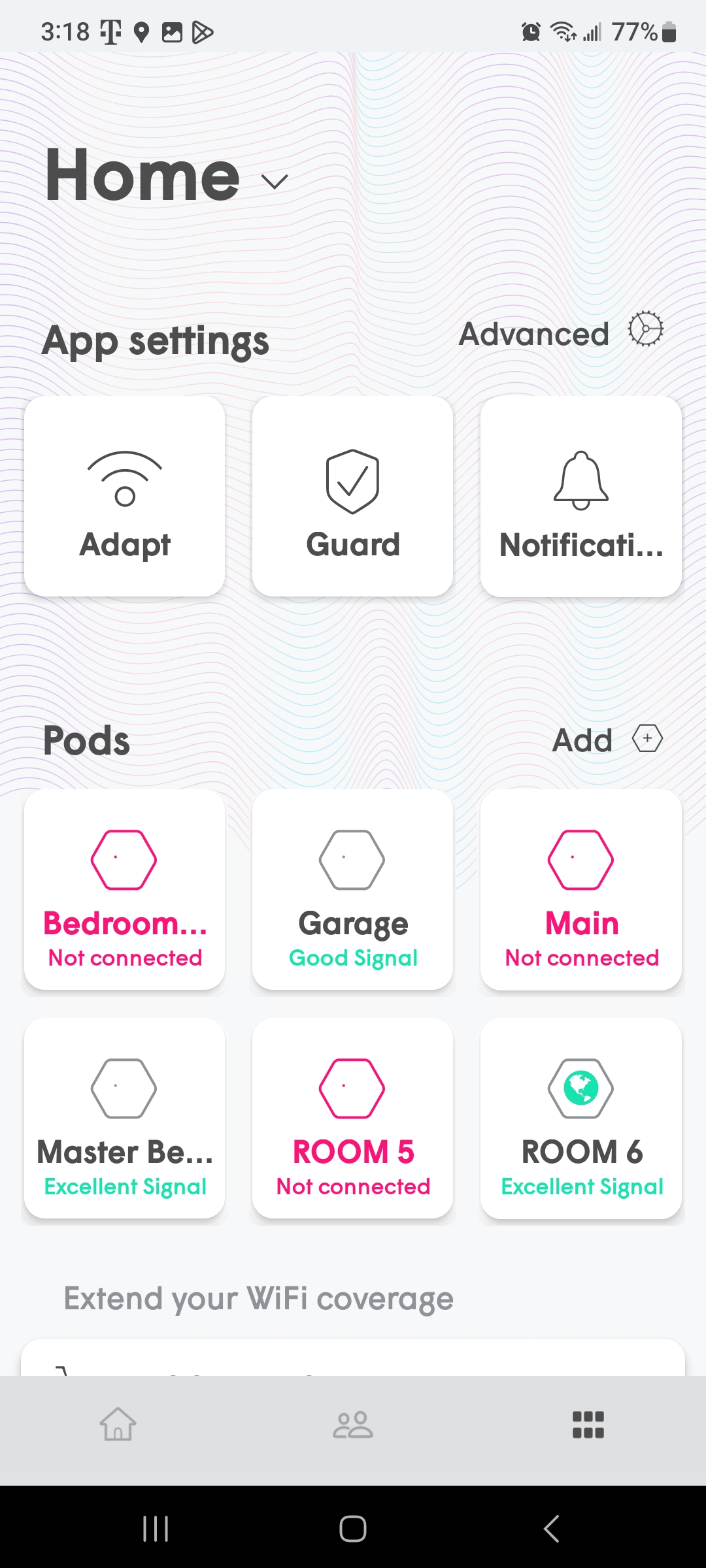 360 WiFi app Home screen, pods offline
