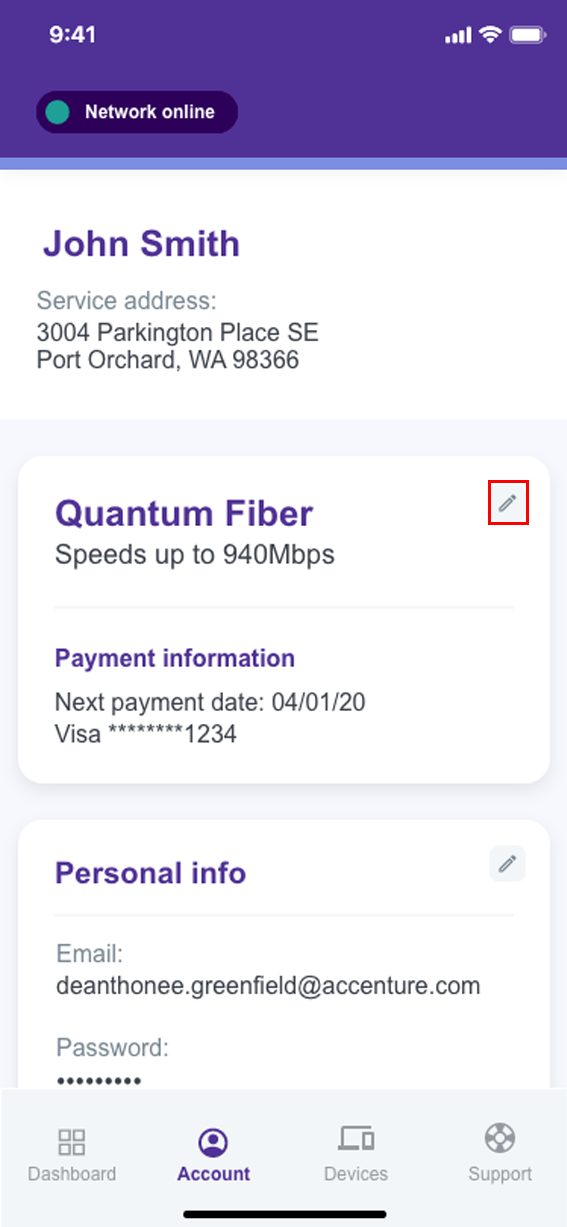 Quantum Fiber app screenshot of Account main screen