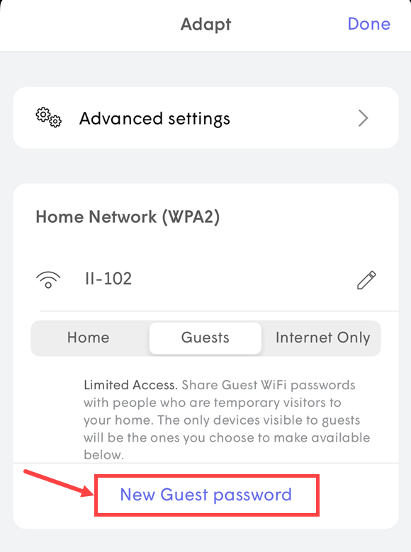 Adapt screen in 360 WiFi app showing guest password option