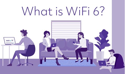 Illustration of people in living room using WiFi
