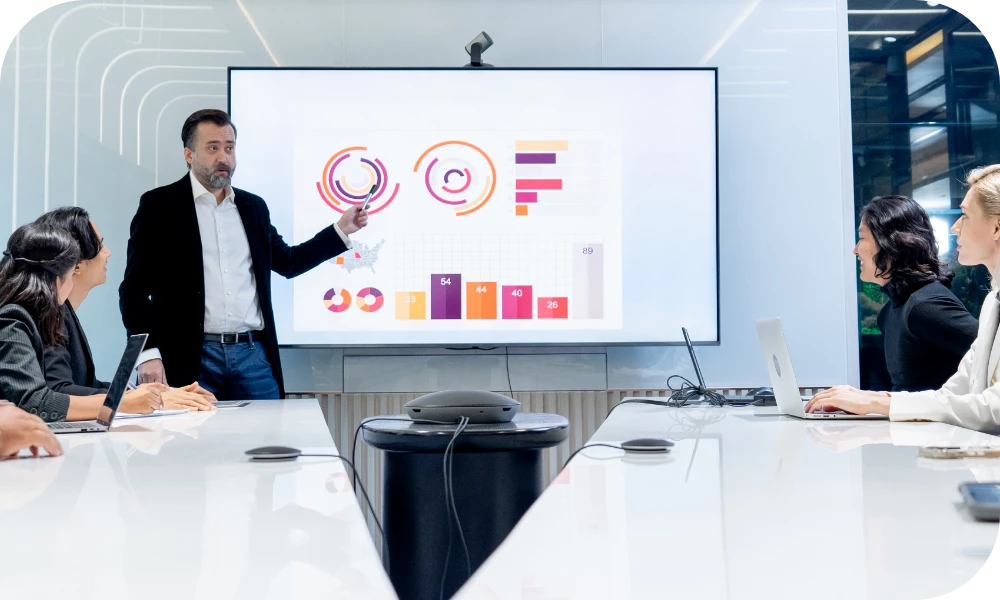 A person in a dark outfit stands at the front of a modern conference room and gestures toward a large wall-mounted screen displaying colorful charts, including a pie chart and bar graphs. Several people are seated around a long table facing the screen, and the room has dark walls and recessed lighting.