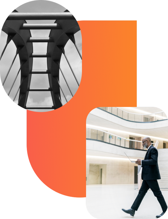 A graphic with images of a bridge and of a man walking with his laptop against a bright orange shape.  