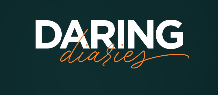 DARING Diaries logo on a dark teal background.