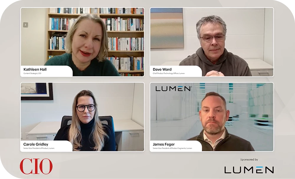 A four-panel video-conference grid, each window showing one person in a separate setting. The panels are labeled with names: “Kathleen Hall” (in front of a bookshelf), “Dave Ward” (bearded, in a gray shirt), “Carole Gridley” (with a small white “CIO” logo in the corner), and “James Feger” (beside a white “LUMEN” wordmark on a dark panel).