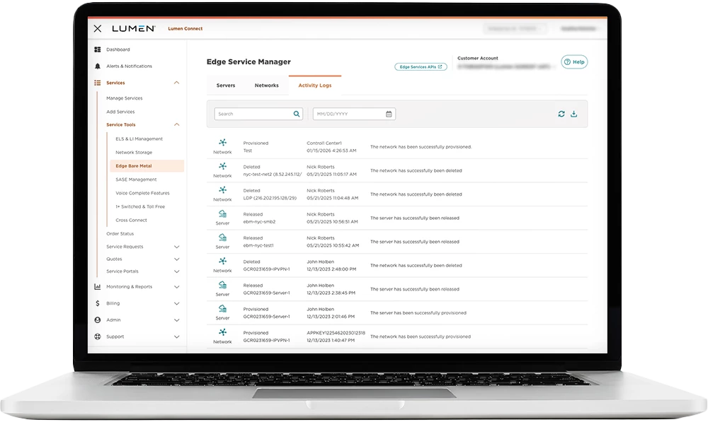 A screenshot of the Lumen Edge Service Manager portal shown on a laptop. A left navigation menu lists service tools including Edge Bare Metal, and the main panel shows an 'Activity Logs' table with columns for service type, timestamp, user, and status messages such as the network or server being successfully provisioned or deleted.