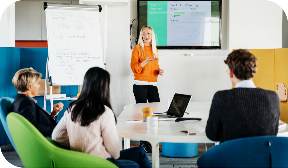 A person in an orange top stands at the front of a bright meeting room presenting to three seated colleagues. The presenter gestures toward a wall-mounted screen beside a flip chart, while the others sit in colorful lounge chairs around a low table with a laptop and coffee cups.
